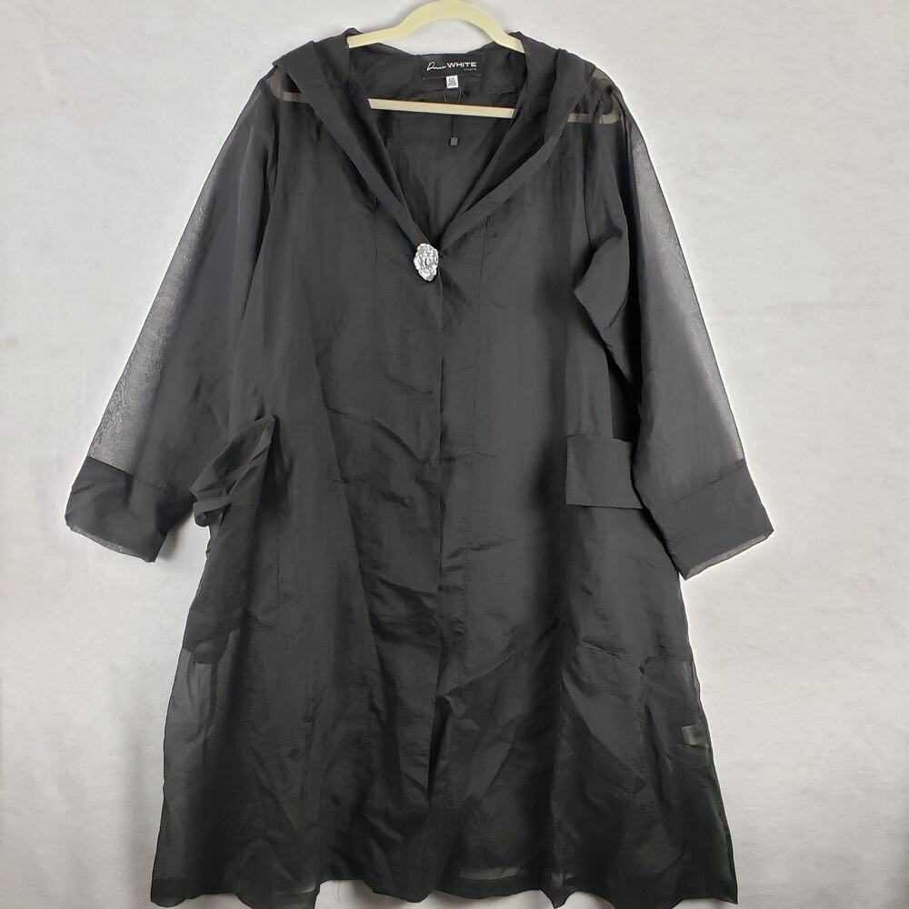 Donna White Women's L Semi Sheer‎ Nylon Overcoat Black Button Front Whimsigoth